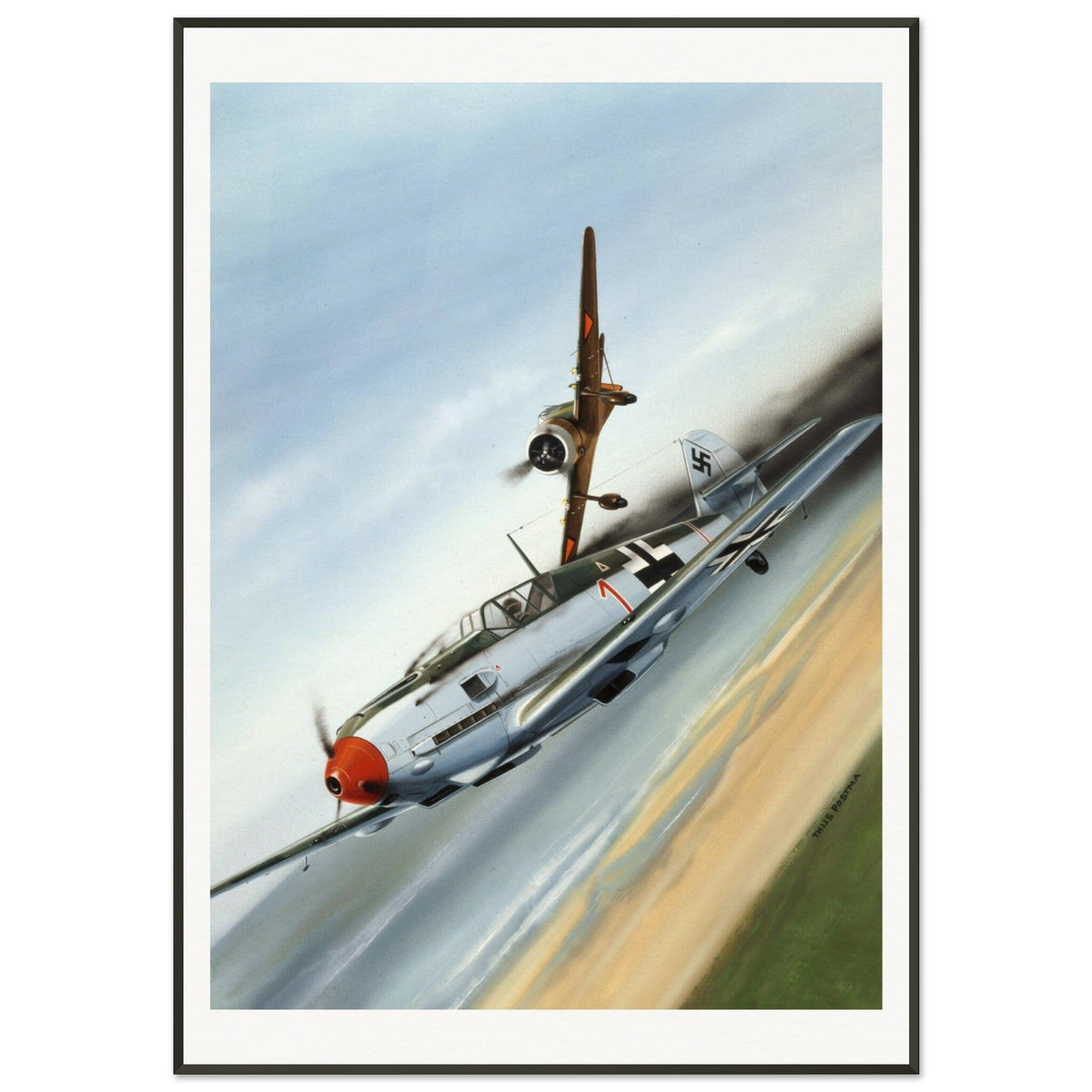 Thijs Postma - Poster - Fokker D.XXI Shoots Down A German Messerschmitt Bf 109 - Metal Frame Poster - Metal Frame TP Aviation Art 70x100 cm / 28x40″ 