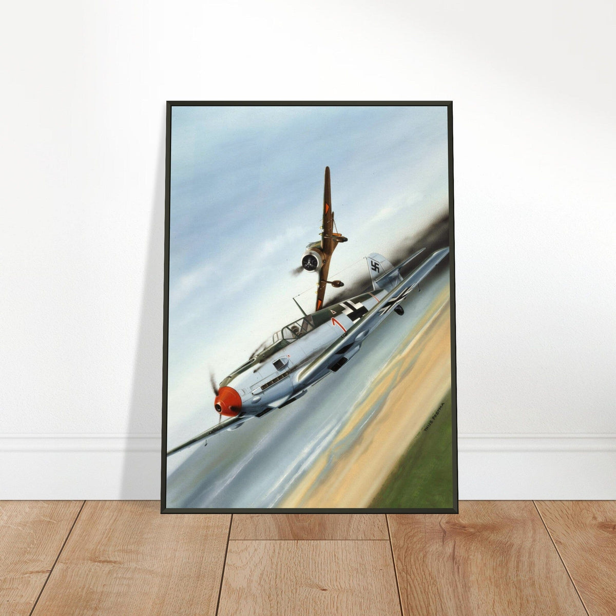 Thijs Postma - Poster - Fokker D.XXI Shoots Down A German Messerschmitt Bf 109 - Metal Frame Poster - Metal Frame TP Aviation Art 
