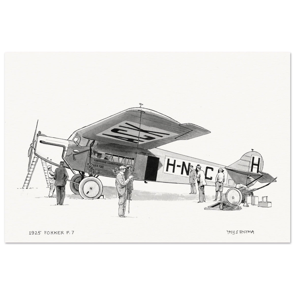 Thijs Postma - Poster - Fokker F.7 In 1925 Ink Drawing Poster Only TP Aviation Art 40x60 cm / 16x24″ 