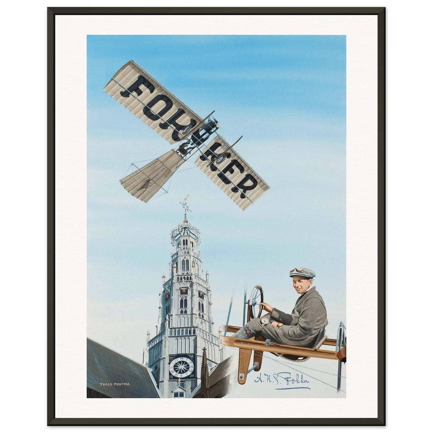 Thijs Postma - Poster - Fokker Spin No. 3 Haarlem Bavo Tower - Metal Frame Poster - Metal Frame TP Aviation Art 40x50 cm / 16x20″ 