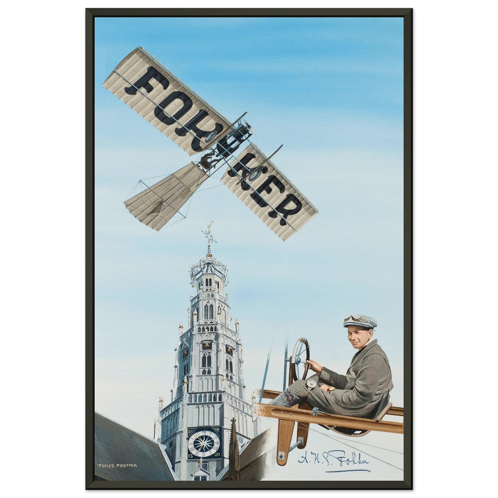 Thijs Postma - Poster - Fokker Spin No. 3 Haarlem Bavo Tower - Metal Frame Poster - Metal Frame TP Aviation Art 40x60 cm / 16x24″ 