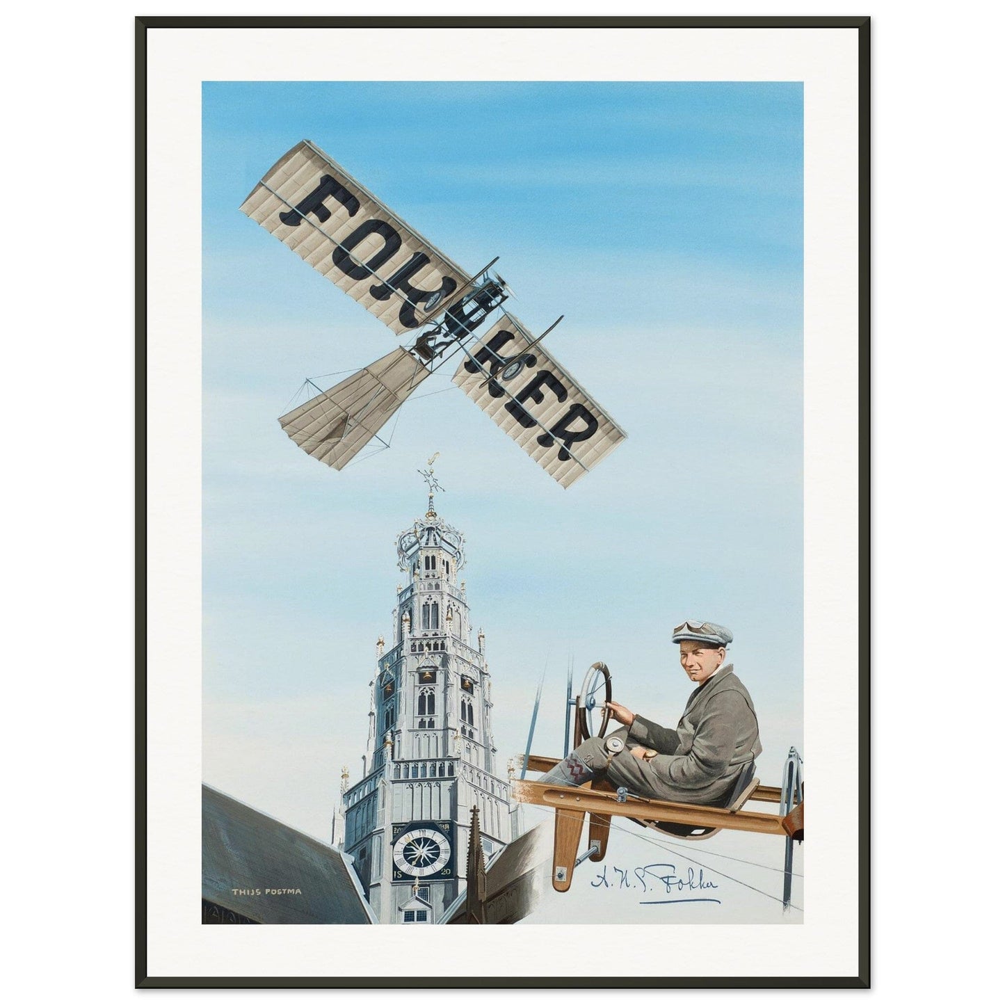 Thijs Postma - Poster - Fokker Spin No. 3 Haarlem Bavo Tower - Metal Frame Poster - Metal Frame TP Aviation Art 60x80 cm / 24x32″ 