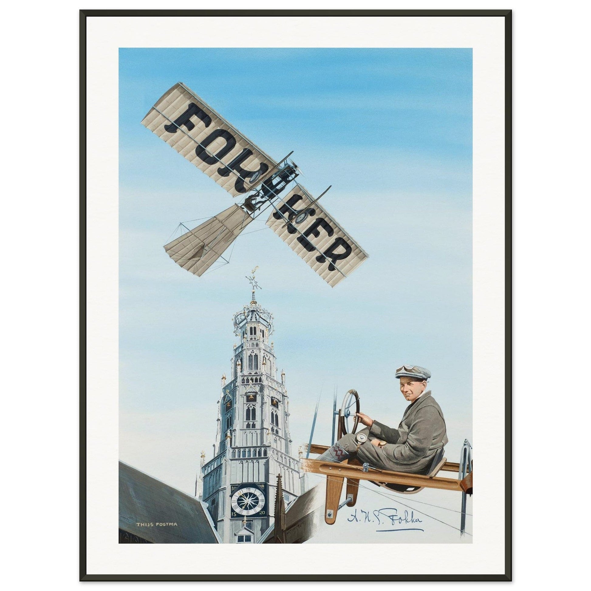 Thijs Postma - Poster - Fokker Spin No. 3 Haarlem Bavo Tower - Metal Frame Poster - Metal Frame TP Aviation Art 60x80 cm / 24x32″ 