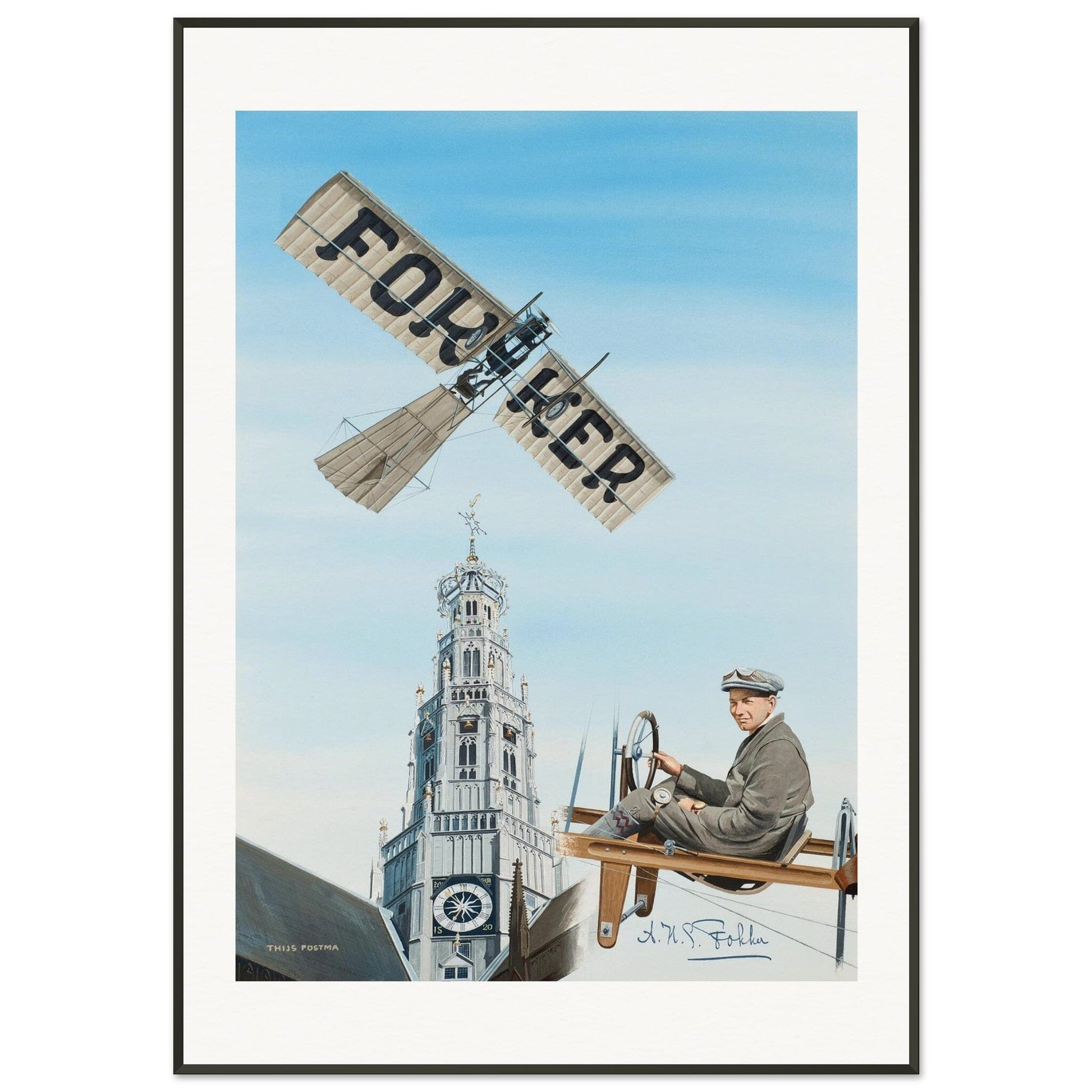 Thijs Postma - Poster - Fokker Spin No. 3 Haarlem Bavo Tower - Metal Frame Poster - Metal Frame TP Aviation Art 70x100 cm / 28x40″ 