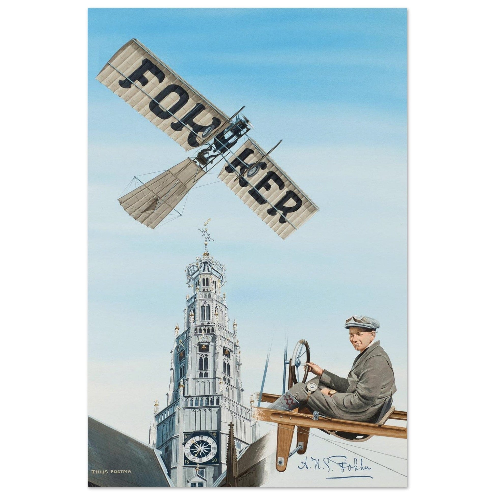 Thijs Postma - Poster - Fokker Spin No. 3 Haarlem Bavo Tower Poster Only TP Aviation Art 40x60 cm / 16x24″ 
