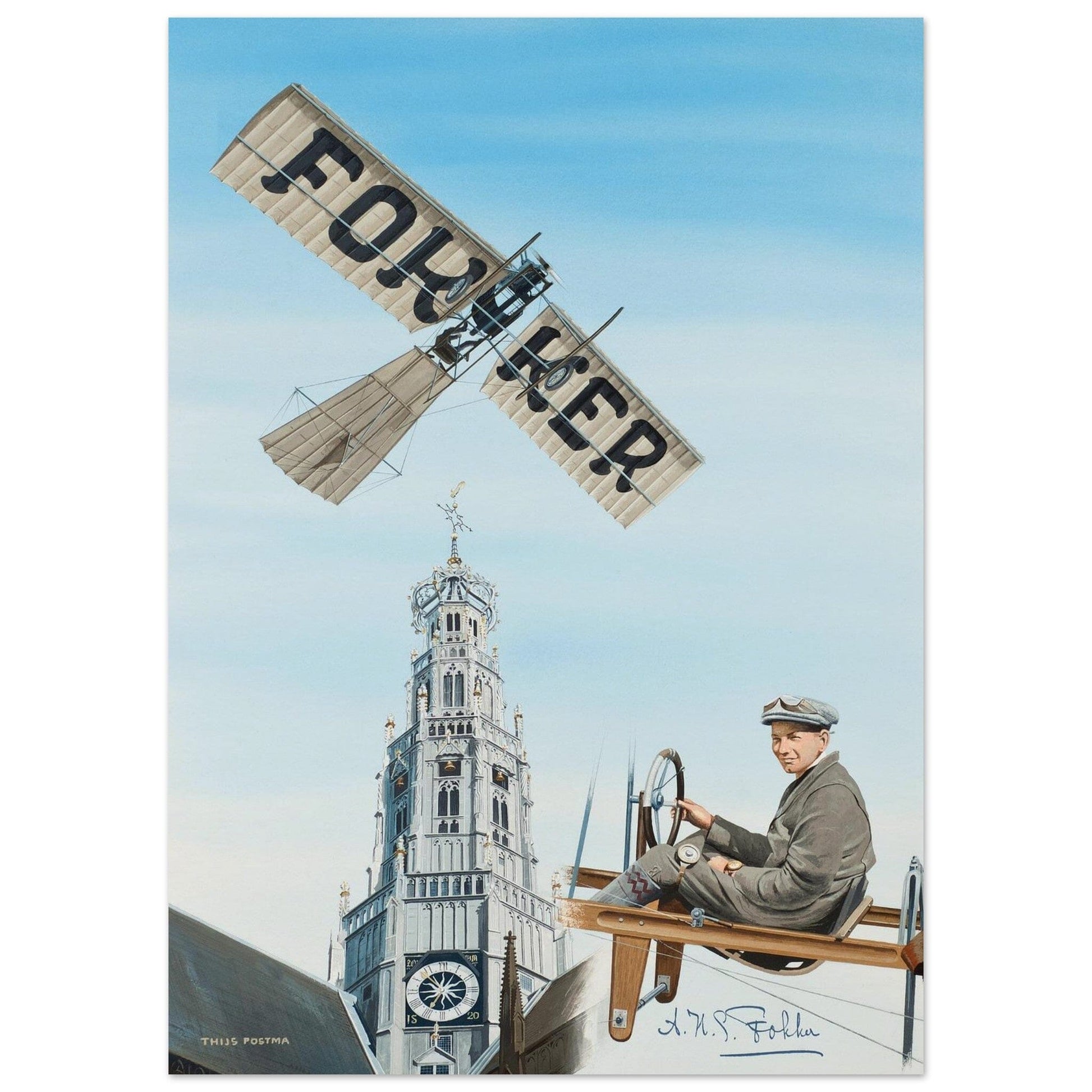 Thijs Postma - Poster - Fokker Spin No. 3 Haarlem Bavo Tower Poster Only TP Aviation Art 50x70 cm / 20x28″ 