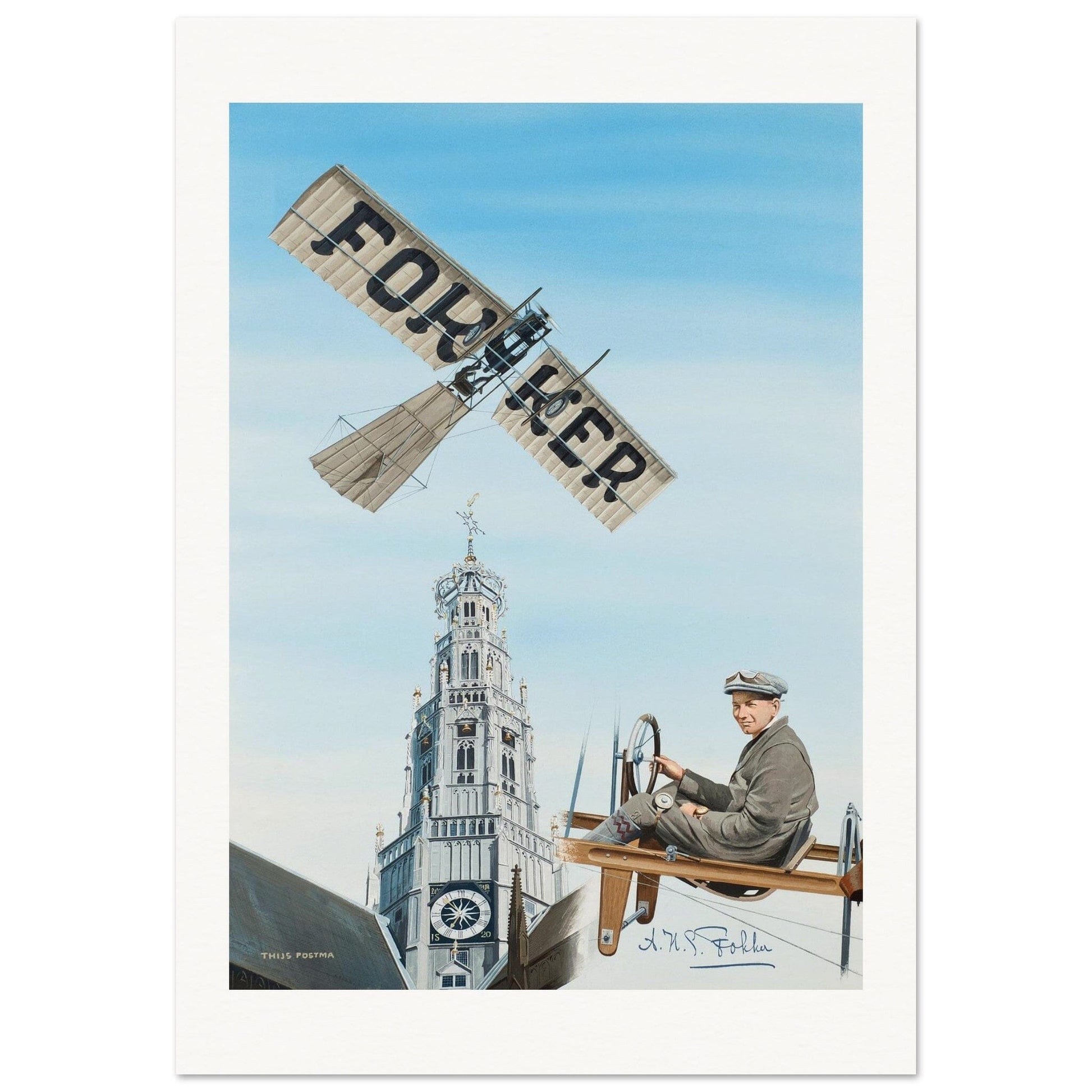 Thijs Postma - Poster - Fokker Spin No. 3 Haarlem Bavo Tower Poster Only TP Aviation Art 70x100 cm / 28x40″ 