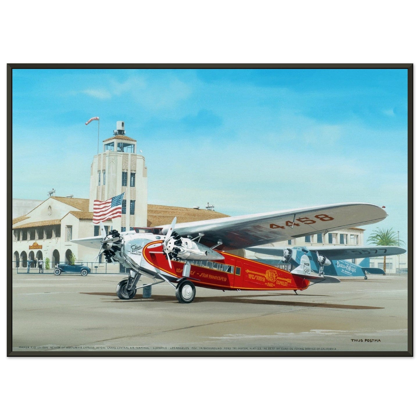 Thijs Postma - Poster - Fokker USA F.10 Glendale Los Angeles - Metal Frame Poster - Metal Frame TP Aviation Art 50x70 cm / 20x28″ 
