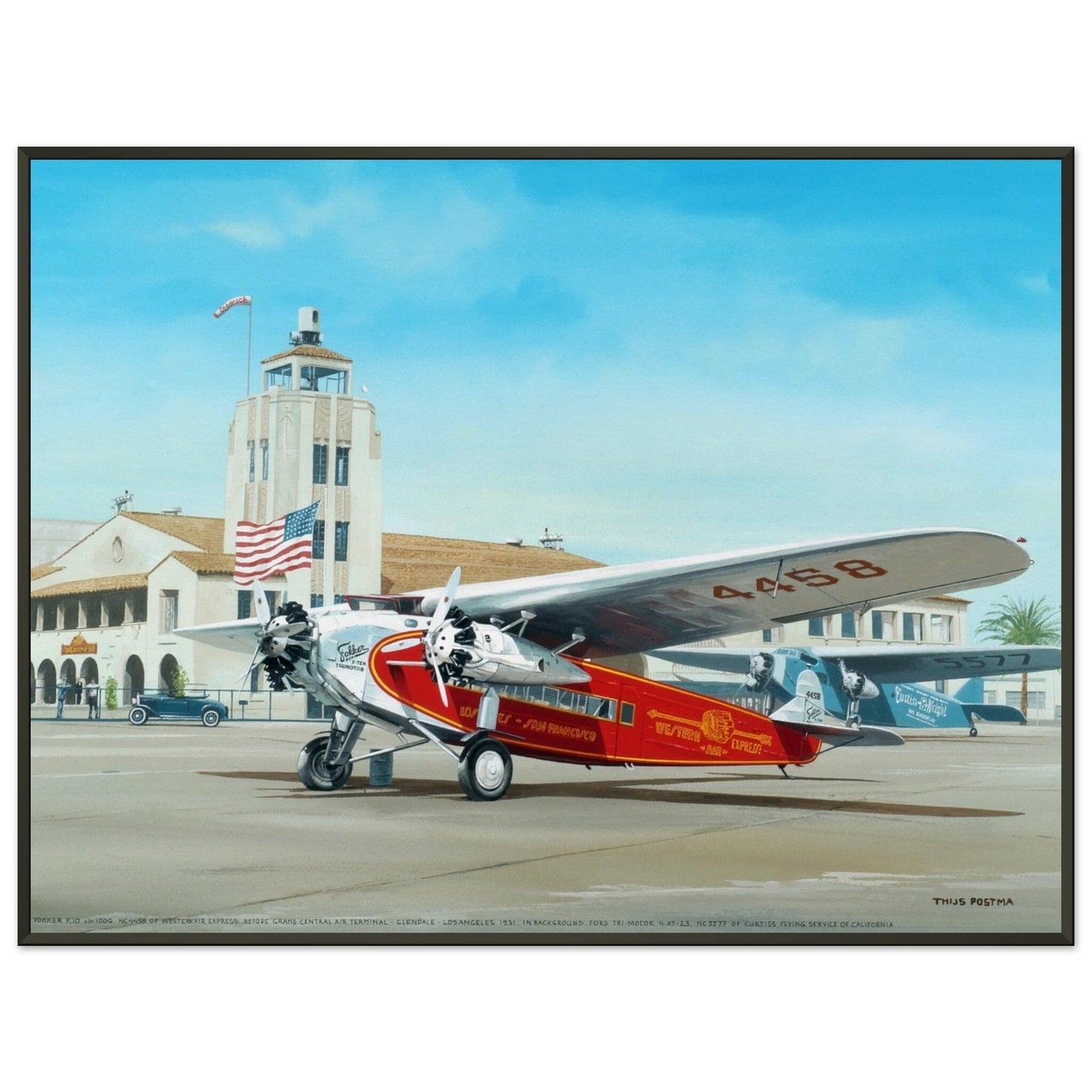 Thijs Postma - Poster - Fokker USA F.10 Glendale Los Angeles - Metal Frame Poster - Metal Frame TP Aviation Art 60x80 cm / 24x32″ 