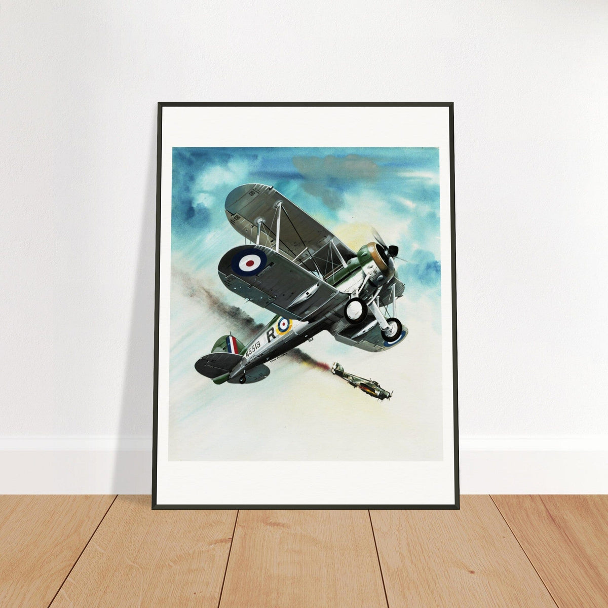 Thijs Postma - Poster - Gloster Gladiator Over Malta Shooting Down An Italian Plane - Metal Frame Poster - Metal Frame TP Aviation Art 