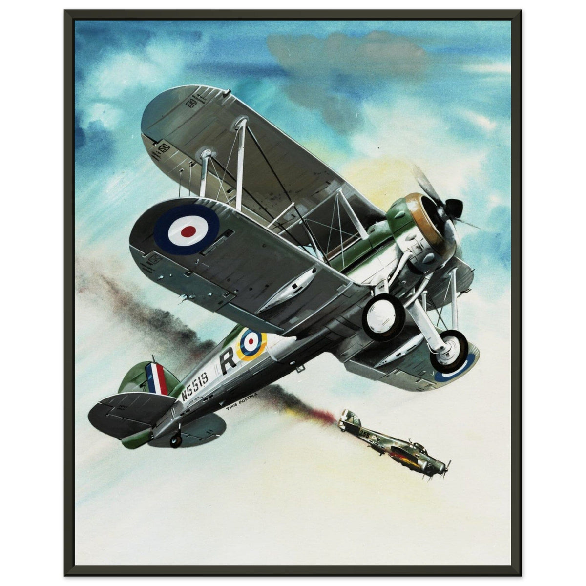 Thijs Postma - Poster - Gloster Gladiator Over Malta Shooting Down An Italian Plane - Metal Frame Poster - Metal Frame TP Aviation Art 40x50 cm / 16x20″ 