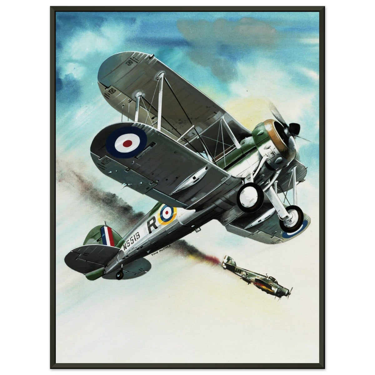 Thijs Postma - Poster - Gloster Gladiator Over Malta Shooting Down An Italian Plane - Metal Frame Poster - Metal Frame TP Aviation Art 45x60 cm / 18x24″ 