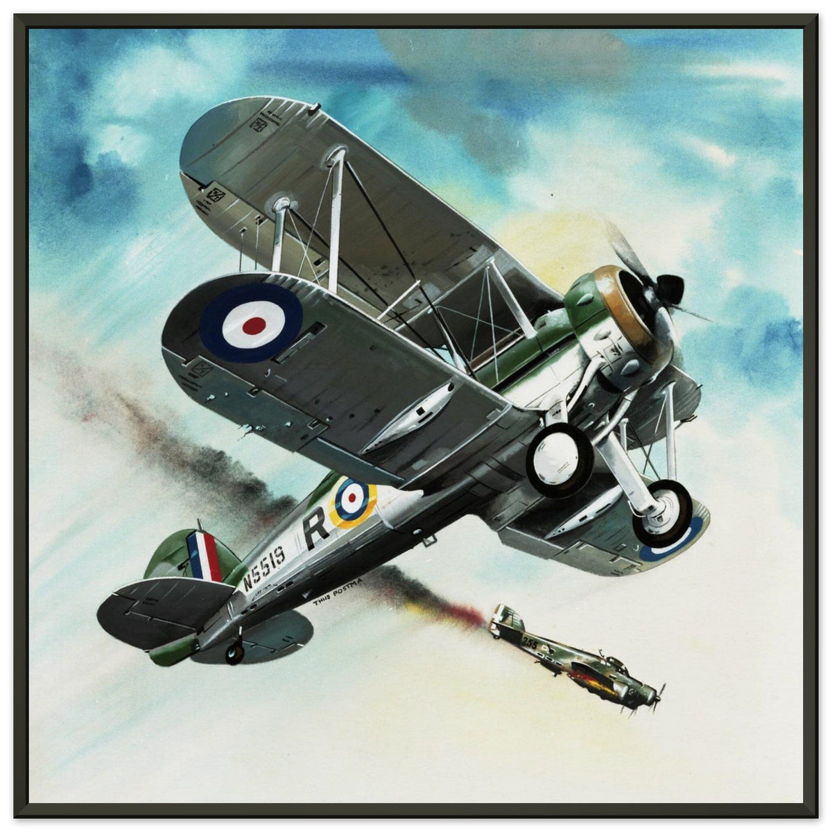 Thijs Postma - Poster - Gloster Gladiator Over Malta Shooting Down An Italian Plane - Metal Frame Poster - Metal Frame TP Aviation Art 50x50 cm / 20x20″ 