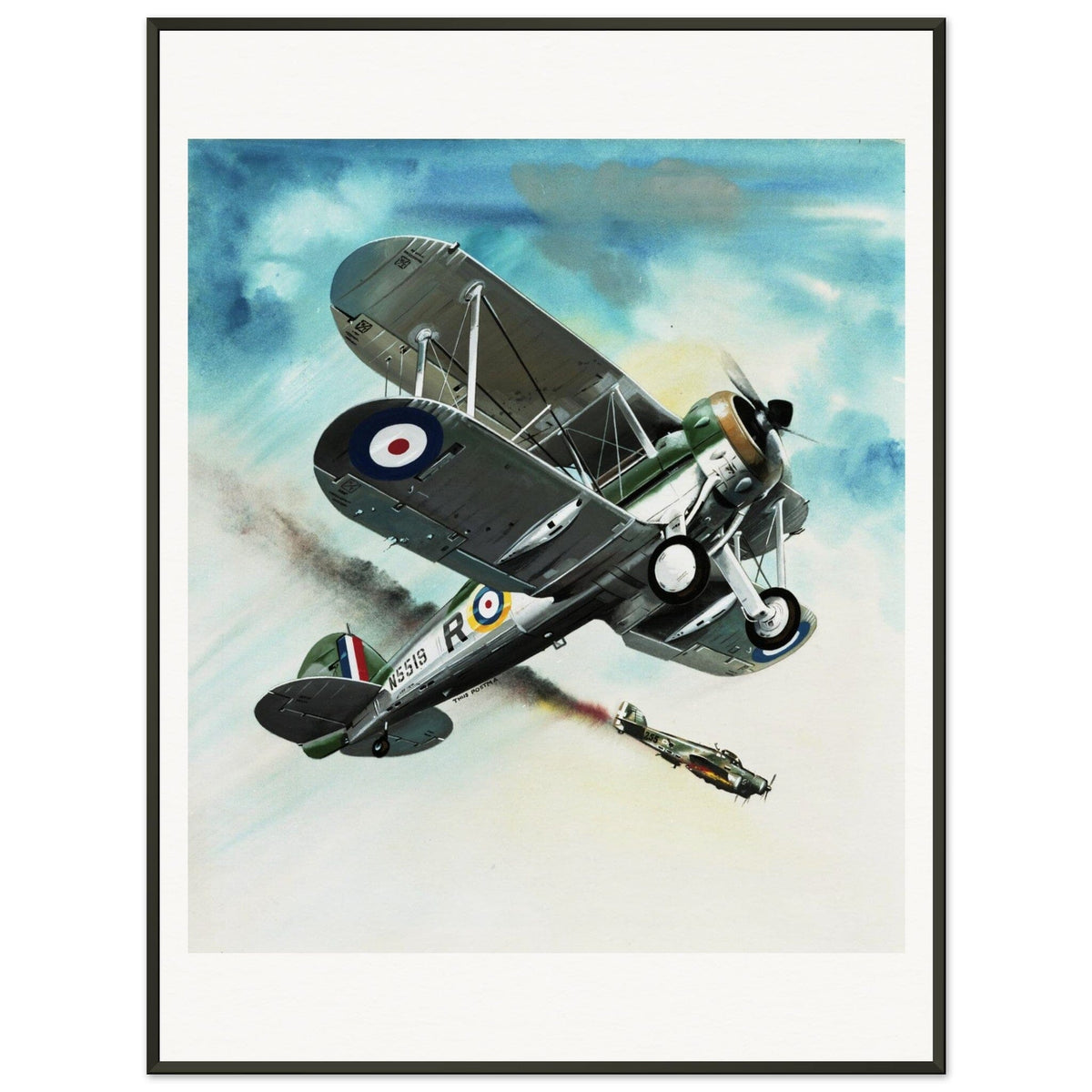 Thijs Postma - Poster - Gloster Gladiator Over Malta Shooting Down An Italian Plane - Metal Frame Poster - Metal Frame TP Aviation Art 60x80 cm / 24x32″ 