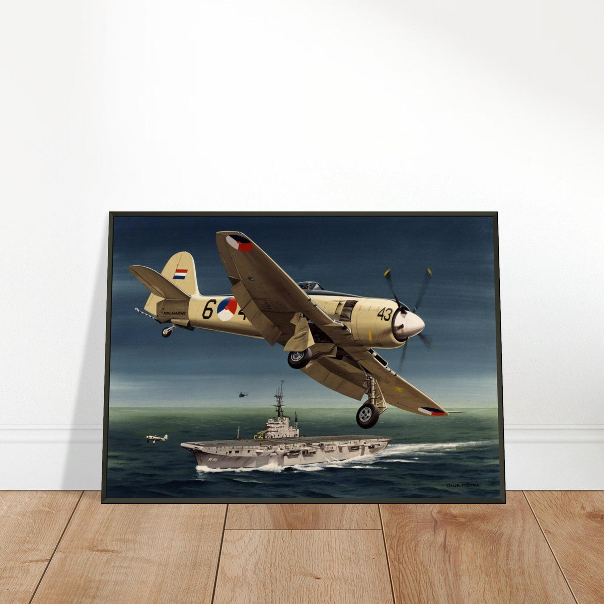 Thijs Postma - Poster - Hawker Sea Fury Preparing To Land Karel Doorman Aircraft Carrier - Metal Frame Poster - Metal Frame TP Aviation Art 