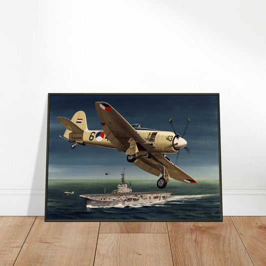 Thijs Postma - Poster - Hawker Sea Fury Preparing To Land Karel Doorman Aircraft Carrier - Metal Frame Poster - Metal Frame TP Aviation Art 