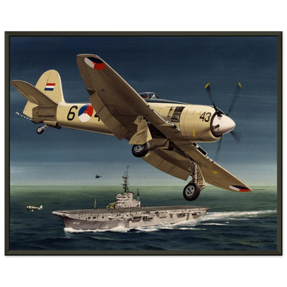 Thijs Postma - Poster - Hawker Sea Fury Preparing To Land Karel Doorman Aircraft Carrier - Metal Frame Poster - Metal Frame TP Aviation Art 40x50 cm / 16x20″ 