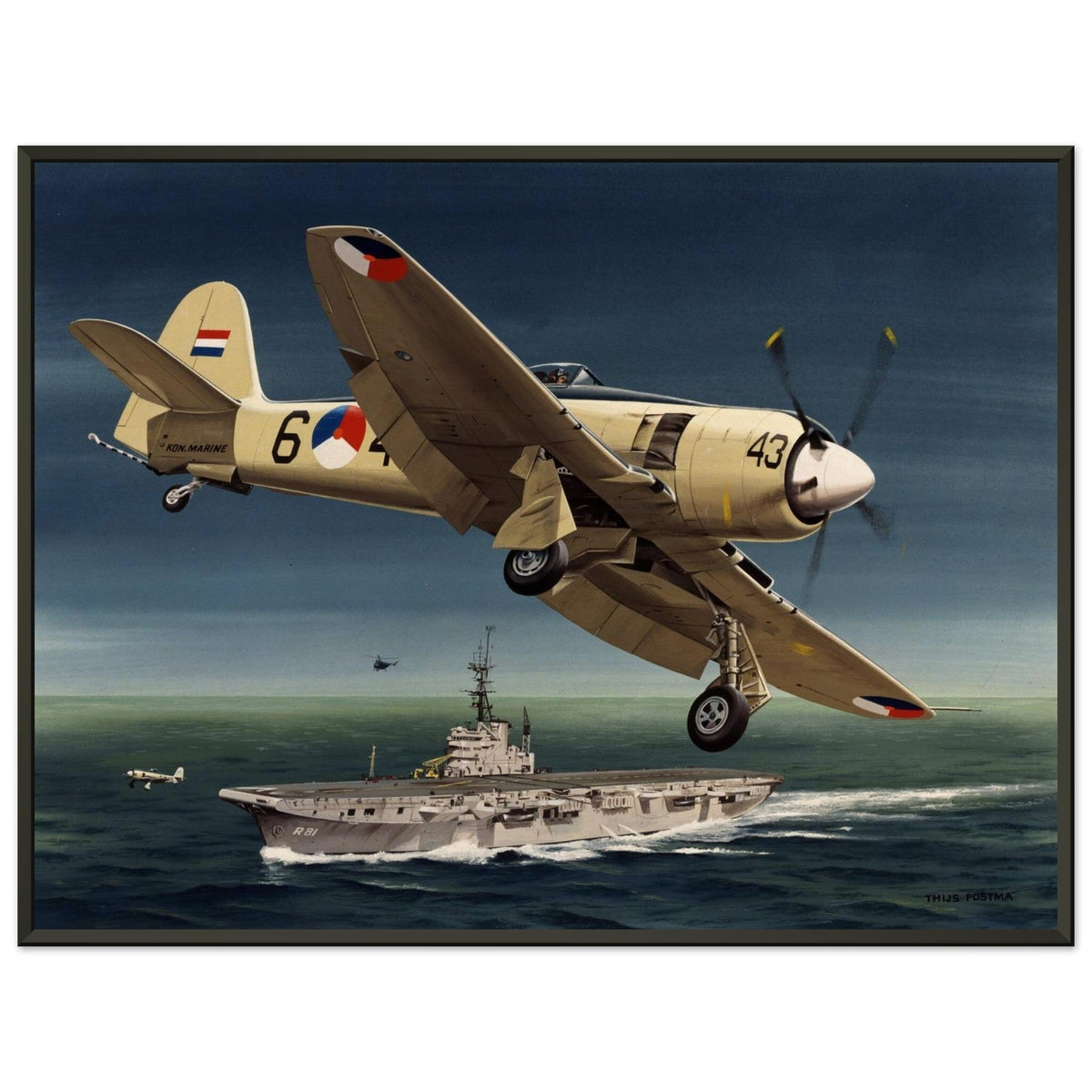 Thijs Postma - Poster - Hawker Sea Fury Preparing To Land Karel Doorman Aircraft Carrier - Metal Frame Poster - Metal Frame TP Aviation Art 45x60 cm / 18x24″ 