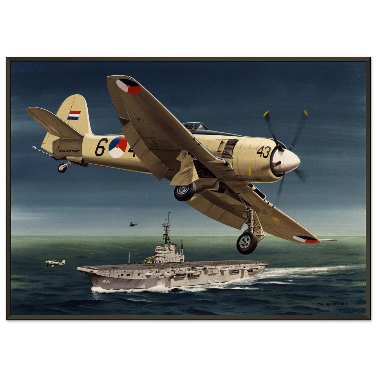Thijs Postma - Poster - Hawker Sea Fury Preparing To Land Karel Doorman Aircraft Carrier - Metal Frame Poster - Metal Frame TP Aviation Art 50x70 cm / 20x28″ 