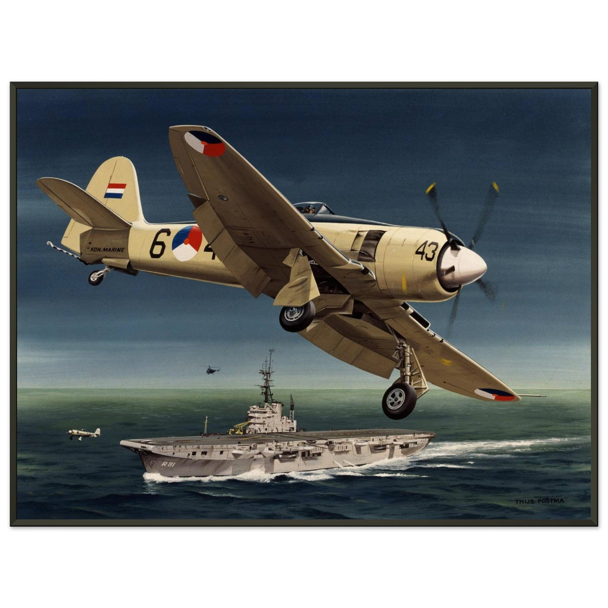 Thijs Postma - Poster - Hawker Sea Fury Preparing To Land Karel Doorman Aircraft Carrier - Metal Frame Poster - Metal Frame TP Aviation Art 60x80 cm / 24x32″ 