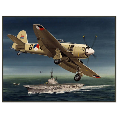 Thijs Postma - Poster - Hawker Sea Fury Preparing To Land Karel Doorman Aircraft Carrier - Metal Frame Poster - Metal Frame TP Aviation Art 60x80 cm / 24x32″ 