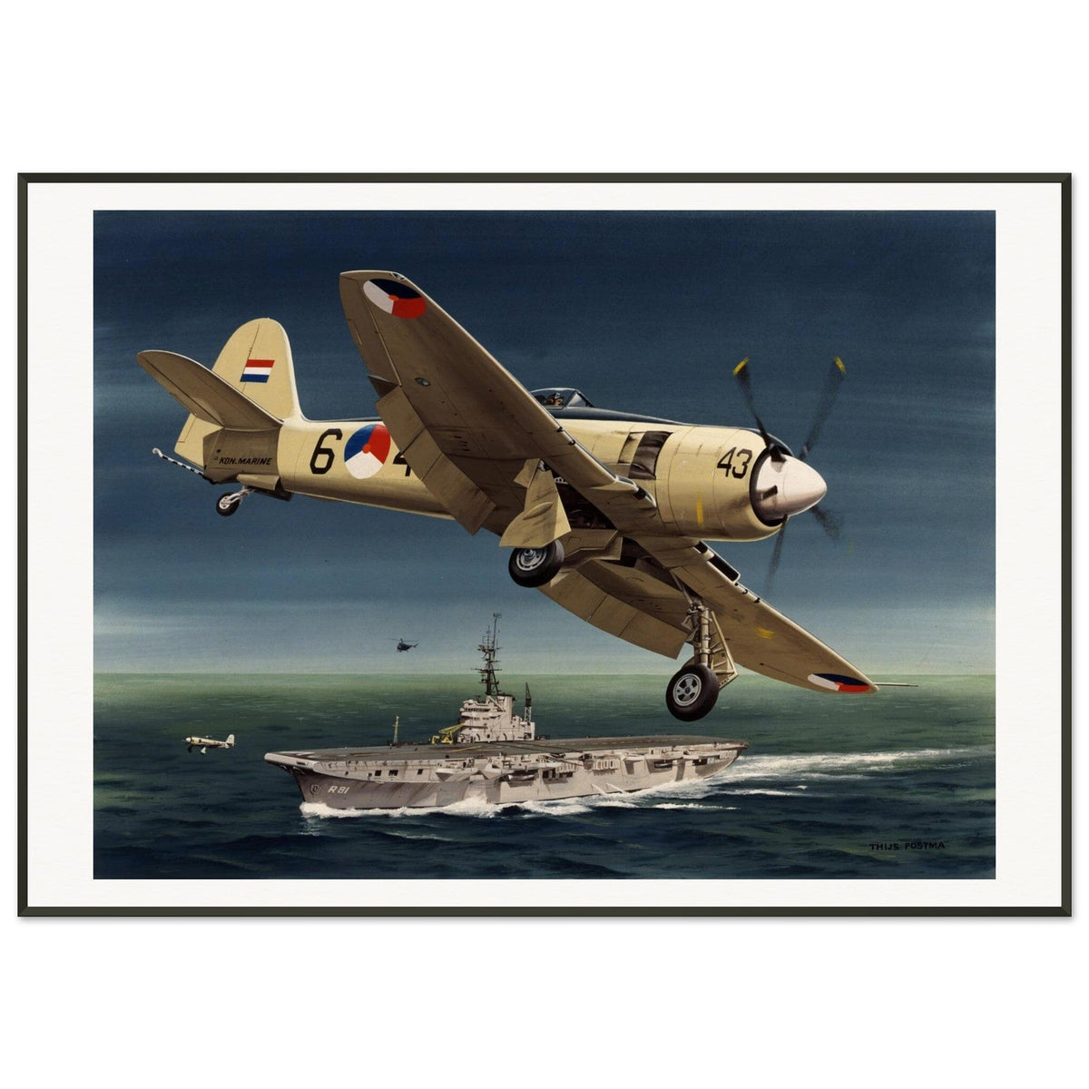 Thijs Postma - Poster - Hawker Sea Fury Preparing To Land Karel Doorman Aircraft Carrier - Metal Frame Poster - Metal Frame TP Aviation Art 70x100 cm / 28x40″ 
