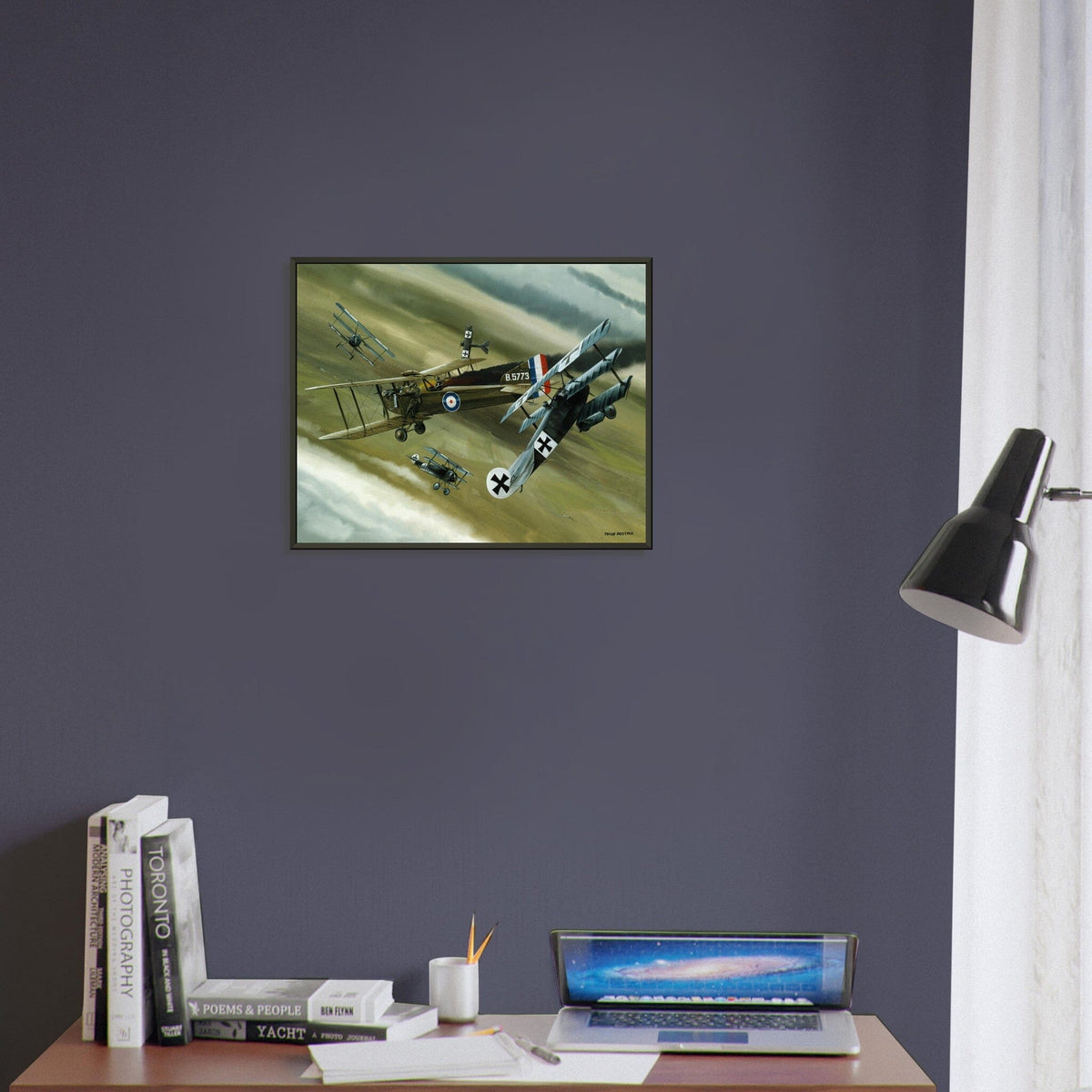 Thijs Postma - Poster - Koolhoven FK.8 On Fire Combating Fokker Dr.I’s - Metal Frame Poster - Metal Frame TP Aviation Art 