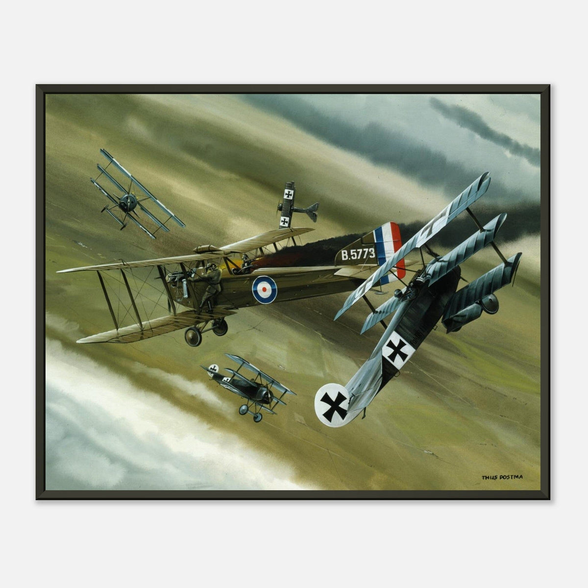 Thijs Postma - Poster - Koolhoven FK.8 On Fire Combating Fokker Dr.I’s - Metal Frame Poster - Metal Frame TP Aviation Art 