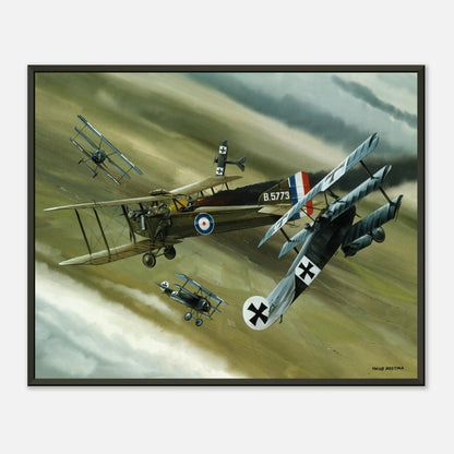Thijs Postma - Poster - Koolhoven FK.8 On Fire Combating Fokker Dr.I’s - Metal Frame Poster - Metal Frame TP Aviation Art 
