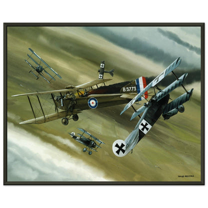 Thijs Postma - Poster - Koolhoven FK.8 On Fire Combating Fokker Dr.I’s - Metal Frame Poster - Metal Frame TP Aviation Art 40x50 cm / 16x20″ 