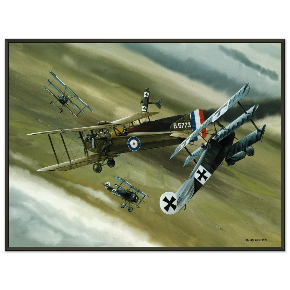 Thijs Postma - Poster - Koolhoven FK.8 On Fire Combating Fokker Dr.I’s - Metal Frame Poster - Metal Frame TP Aviation Art 45x60 cm / 18x24″ 