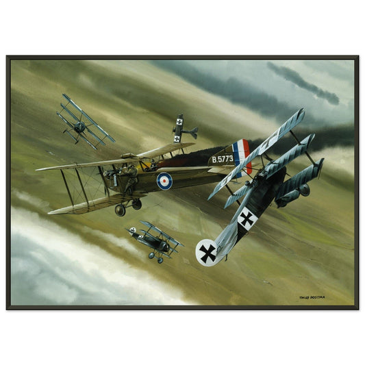 Thijs Postma - Poster - Koolhoven FK.8 On Fire Combating Fokker Dr.I’s - Metal Frame Poster - Metal Frame TP Aviation Art 50x70 cm / 20x28″ 