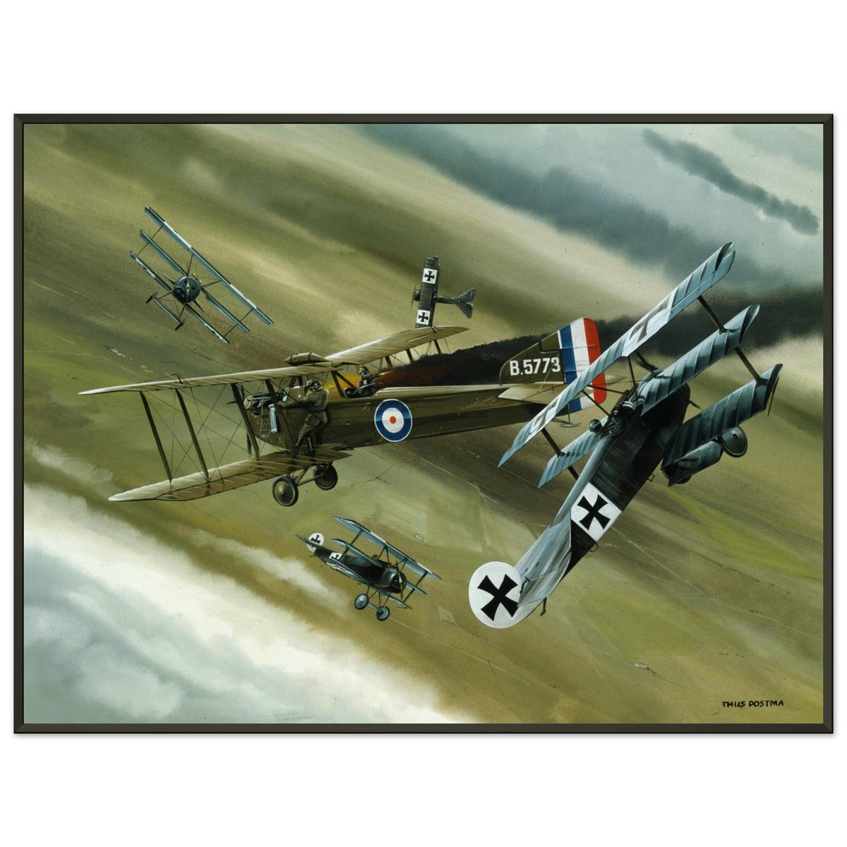 Thijs Postma - Poster - Koolhoven FK.8 On Fire Combating Fokker Dr.I’s - Metal Frame Poster - Metal Frame TP Aviation Art 60x80 cm / 24x32″ 
