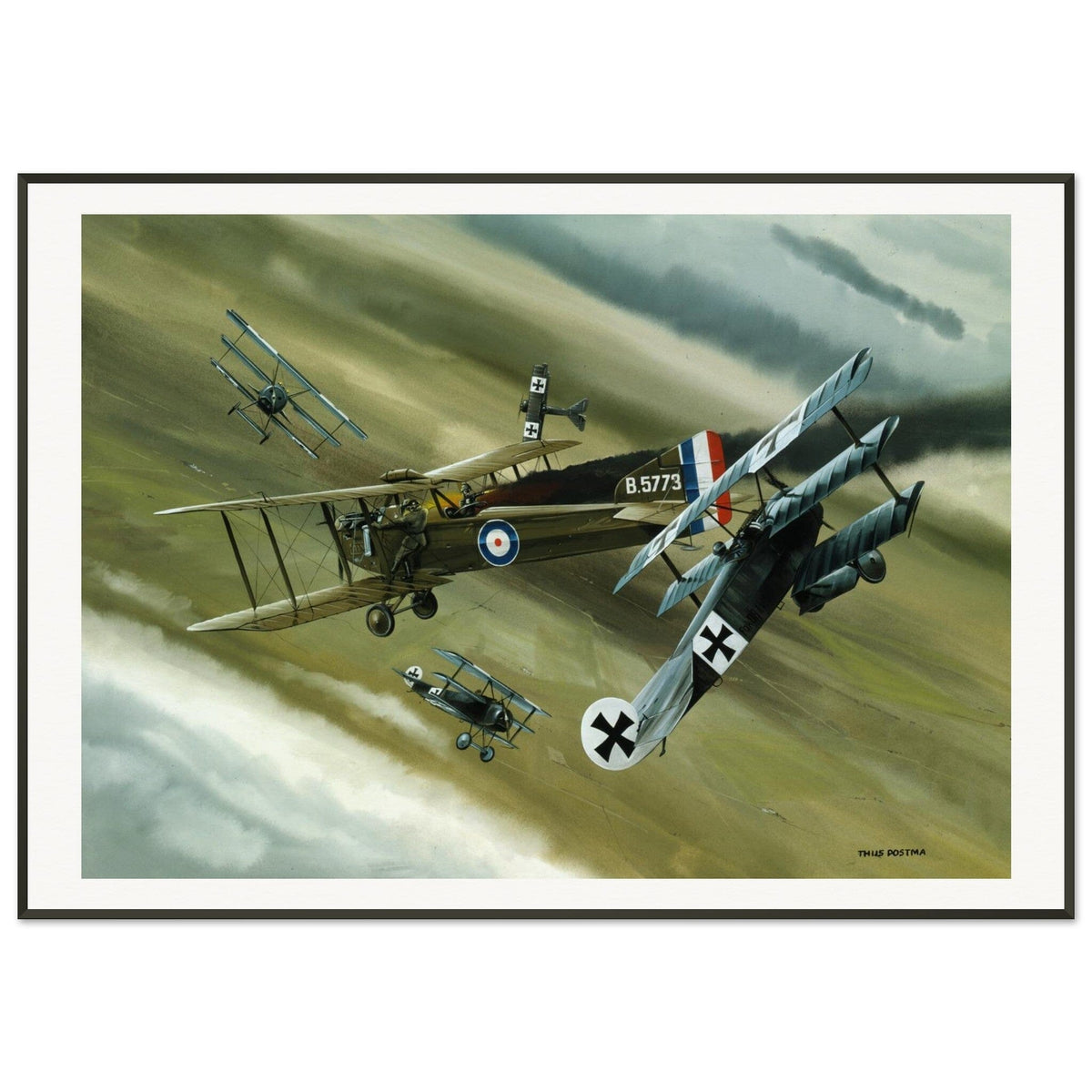 Thijs Postma - Poster - Koolhoven FK.8 On Fire Combating Fokker Dr.I’s - Metal Frame Poster - Metal Frame TP Aviation Art 70x100 cm / 28x40″ 