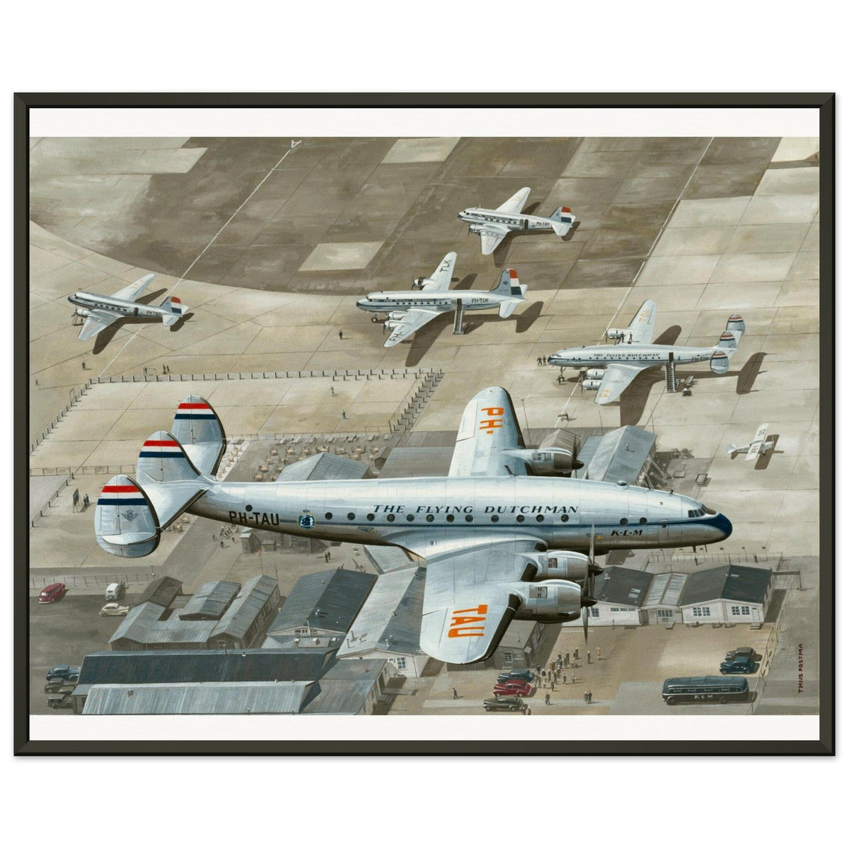 Thijs Postma - Poster - Lockheed L-049 Constellation PH-TAU Low Pass Schiphol 1947 - Metal Frame Poster - Metal Frame TP Aviation Art 40x50 cm / 16x20″ 