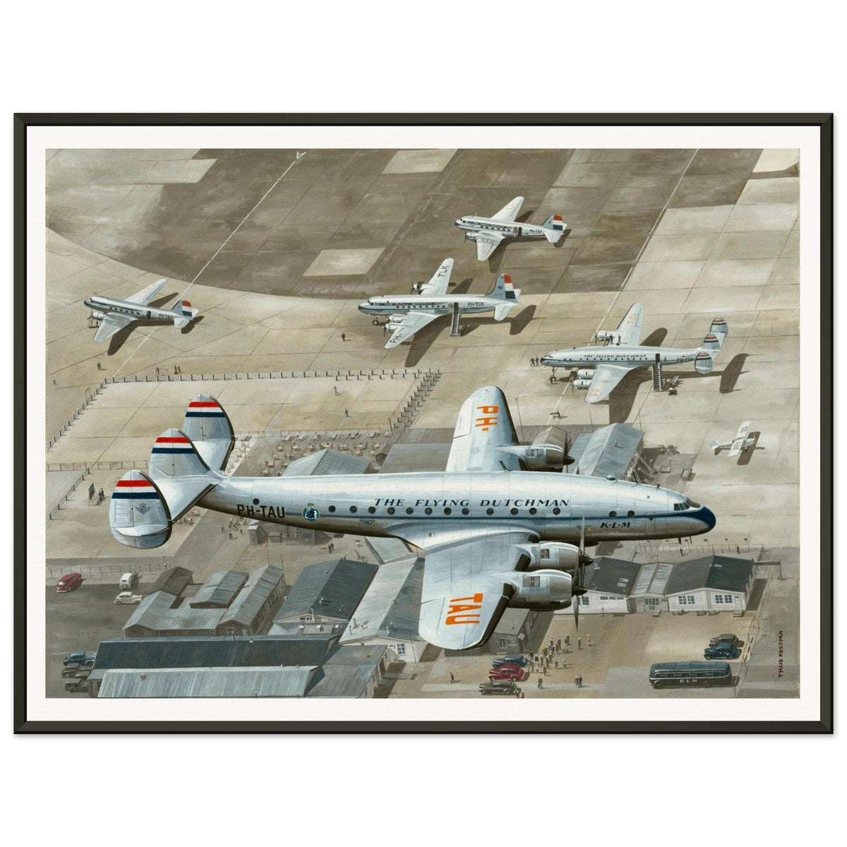 Thijs Postma - Poster - Lockheed L-049 Constellation PH-TAU Low Pass Schiphol 1947 - Metal Frame Poster - Metal Frame TP Aviation Art 45x60 cm / 18x24″ 
