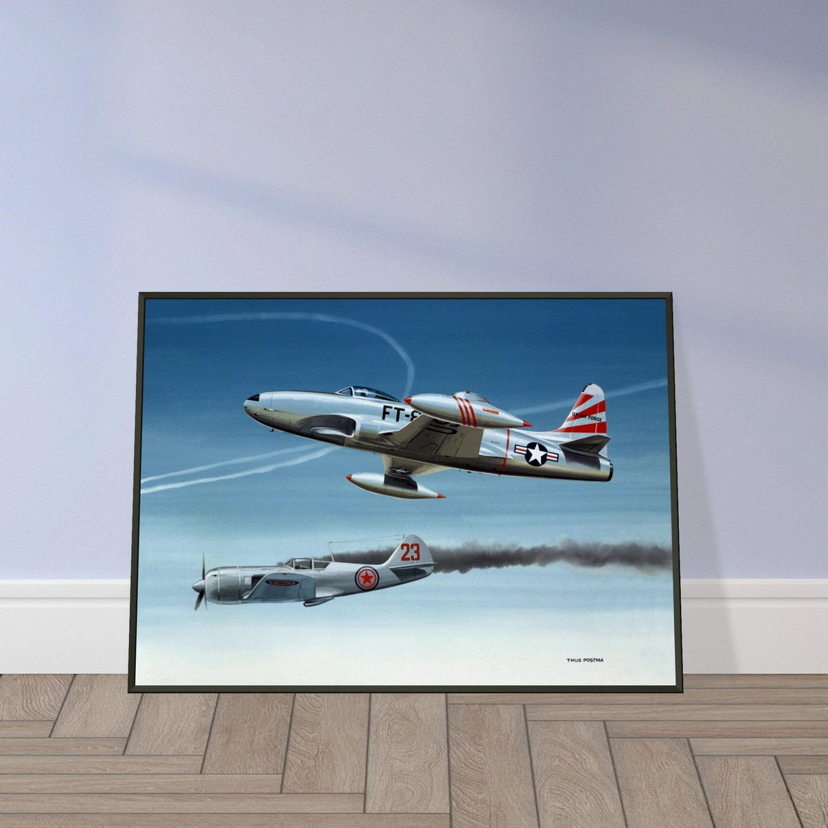 Thijs Postma - Poster - Lockheed P-80 Shooting A Lavochkin La-9 Over Korea - Metal Frame Poster - Metal Frame TP Aviation Art 