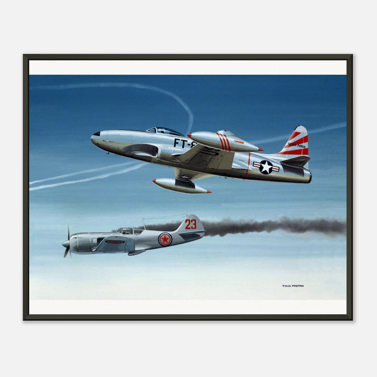 Thijs Postma - Poster - Lockheed P-80 Shooting A Lavochkin La-9 Over Korea - Metal Frame Poster - Metal Frame TP Aviation Art 40x50 cm / 16x20″ 