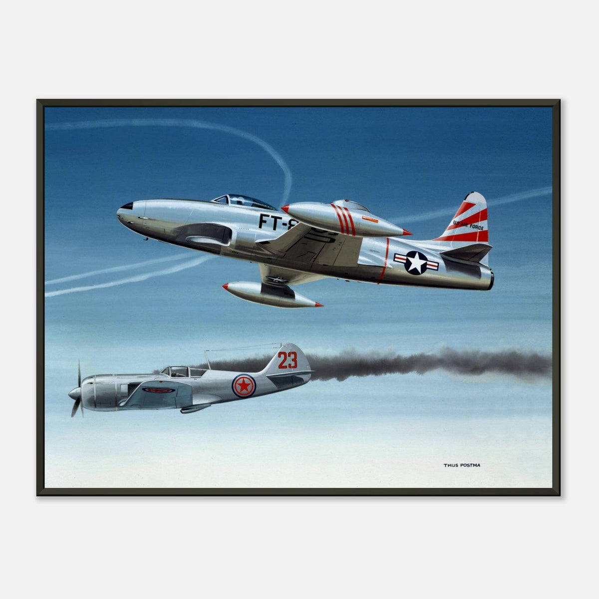 Thijs Postma - Poster - Lockheed P-80 Shooting A Lavochkin La-9 Over Korea - Metal Frame Poster - Metal Frame TP Aviation Art 45x60 cm / 18x24″ 