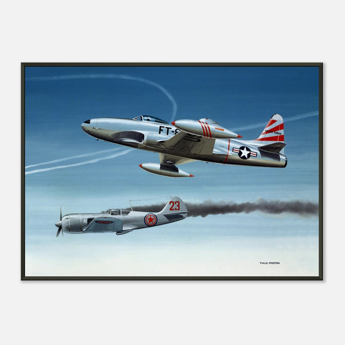Thijs Postma - Poster - Lockheed P-80 Shooting A Lavochkin La-9 Over Korea - Metal Frame Poster - Metal Frame TP Aviation Art 50x70 cm / 20x28″ 