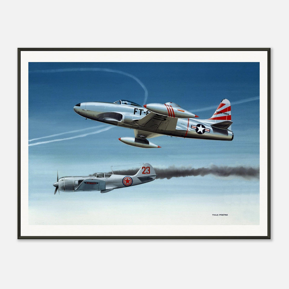 Thijs Postma - Poster - Lockheed P-80 Shooting A Lavochkin La-9 Over Korea - Metal Frame Poster - Metal Frame TP Aviation Art 60x80 cm / 24x32″ 