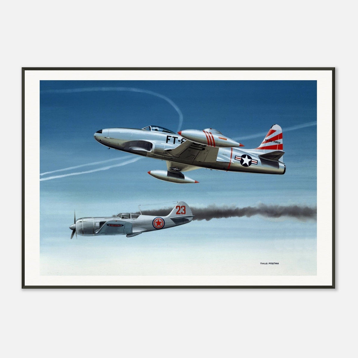 Thijs Postma - Poster - Lockheed P-80 Shooting A Lavochkin La-9 Over Korea - Metal Frame Poster - Metal Frame TP Aviation Art 70x100 cm / 28x40″ 