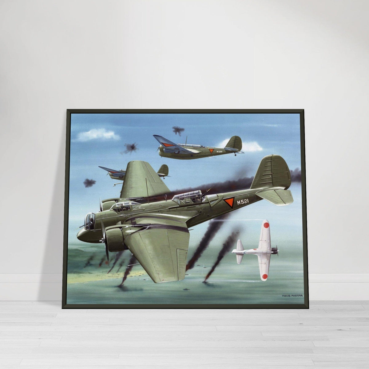Thijs Postma - Poster - Martin 139 KNIL Attacking Japanese - Metal Frame Poster - Metal Frame TP Aviation Art 40x50 cm / 16x20″ 