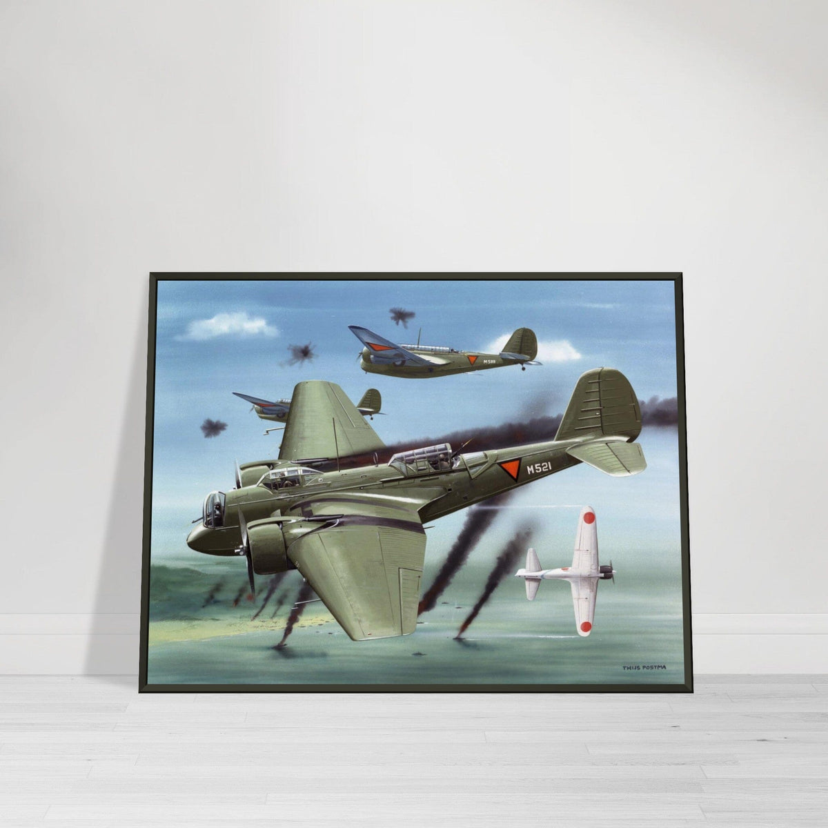 Thijs Postma - Poster - Martin 139 KNIL Attacking Japanese - Metal Frame Poster - Metal Frame TP Aviation Art 45x60 cm / 18x24″ 