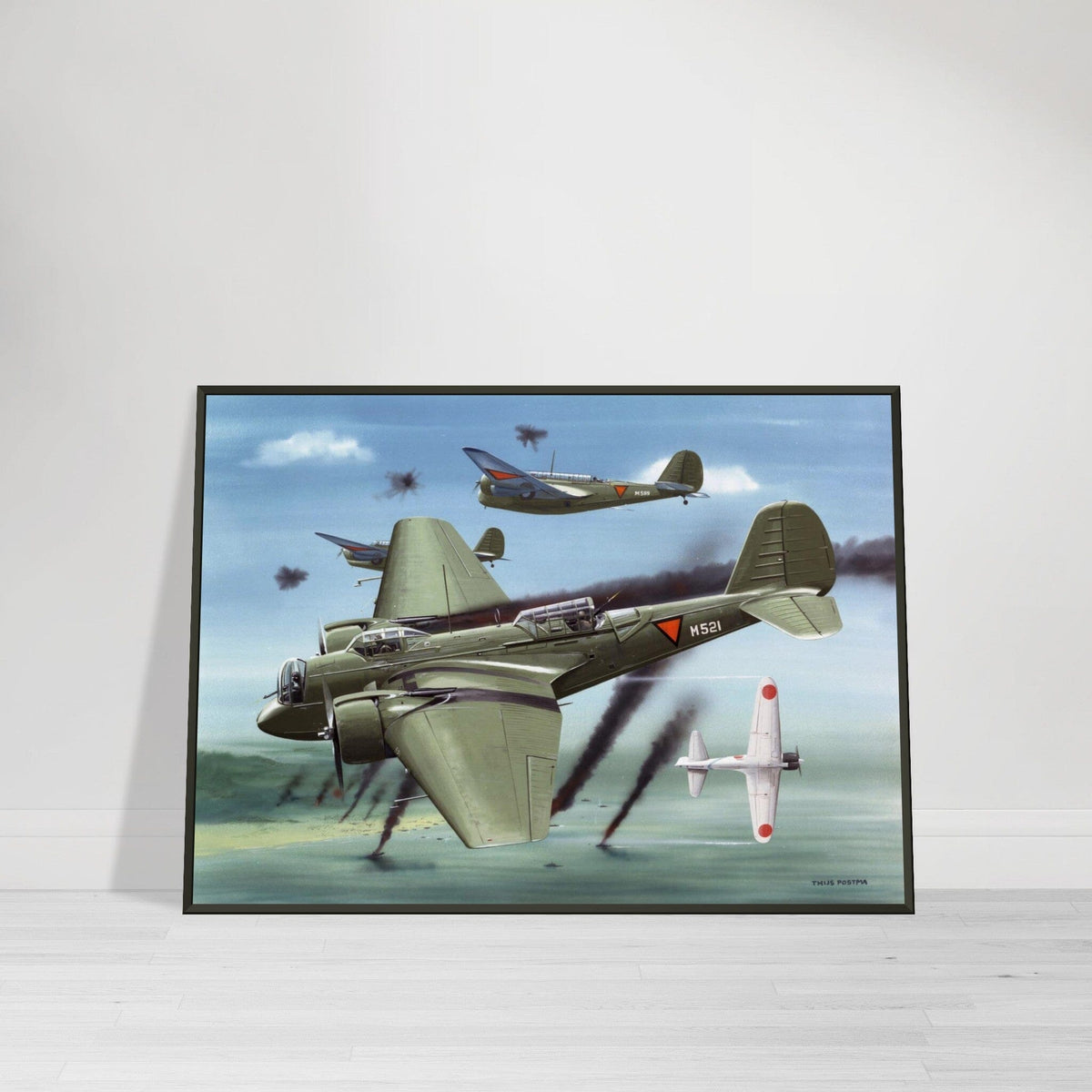 Thijs Postma - Poster - Martin 139 KNIL Attacking Japanese - Metal Frame Poster - Metal Frame TP Aviation Art 50x70 cm / 20x28″ 