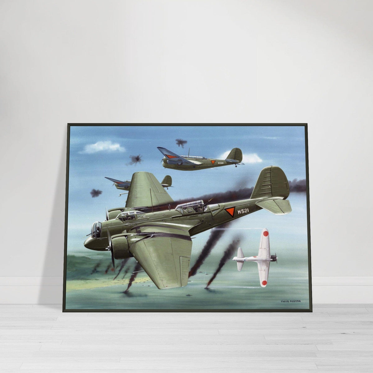 Thijs Postma - Poster - Martin 139 KNIL Attacking Japanese - Metal Frame Poster - Metal Frame TP Aviation Art 60x80 cm / 24x32″ 