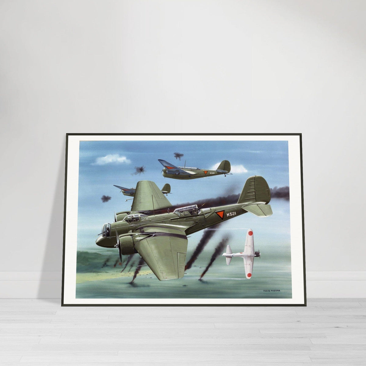 Thijs Postma - Poster - Martin 139 KNIL Attacking Japanese - Metal Frame Poster - Metal Frame TP Aviation Art 70x100 cm / 28x40″ 