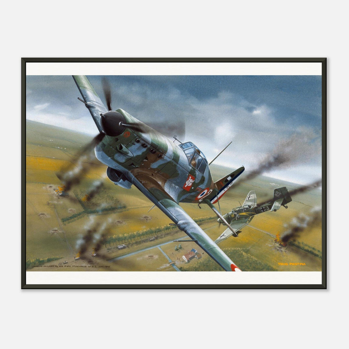 Thijs Postma - Poster - Morane Saulnier MS.406 In Action In 1940 - Metal Frame Poster - Metal Frame TP Aviation Art 45x60 cm / 18x24″ 