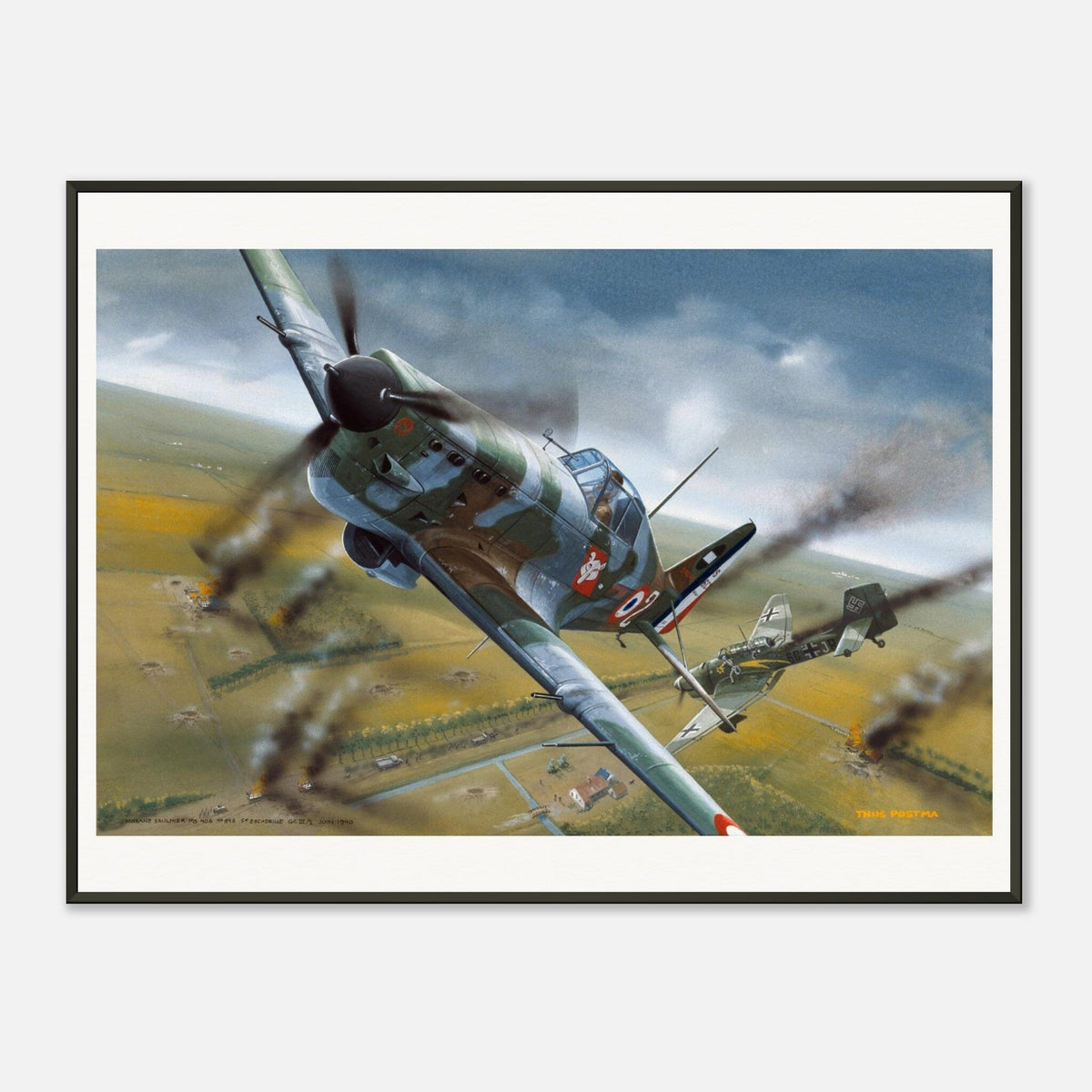 Thijs Postma - Poster - Morane Saulnier MS.406 In Action In 1940 - Metal Frame Poster - Metal Frame TP Aviation Art 60x80 cm / 24x32″ 