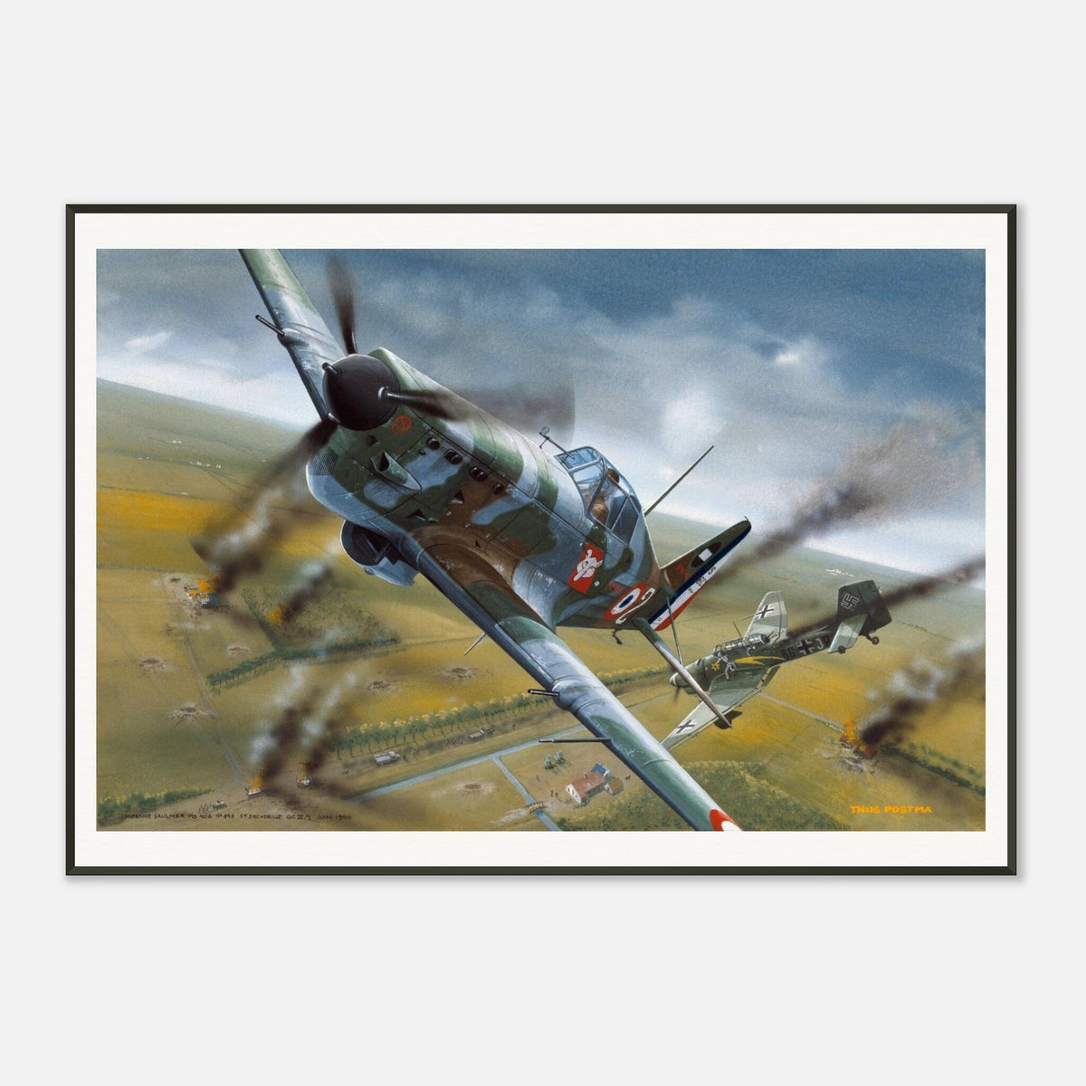 Thijs Postma - Poster - Morane Saulnier MS.406 In Action In 1940 - Metal Frame Poster - Metal Frame TP Aviation Art 70x100 cm / 28x40″ 